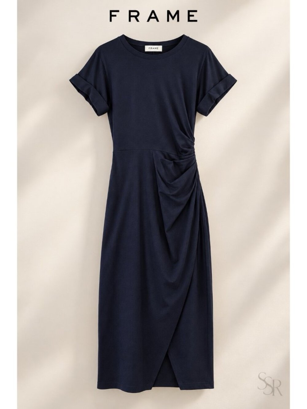 FRAME Navy Blue Organic Cotton Faux Wrap Ruched Midi Dress size S/P Contemporary
